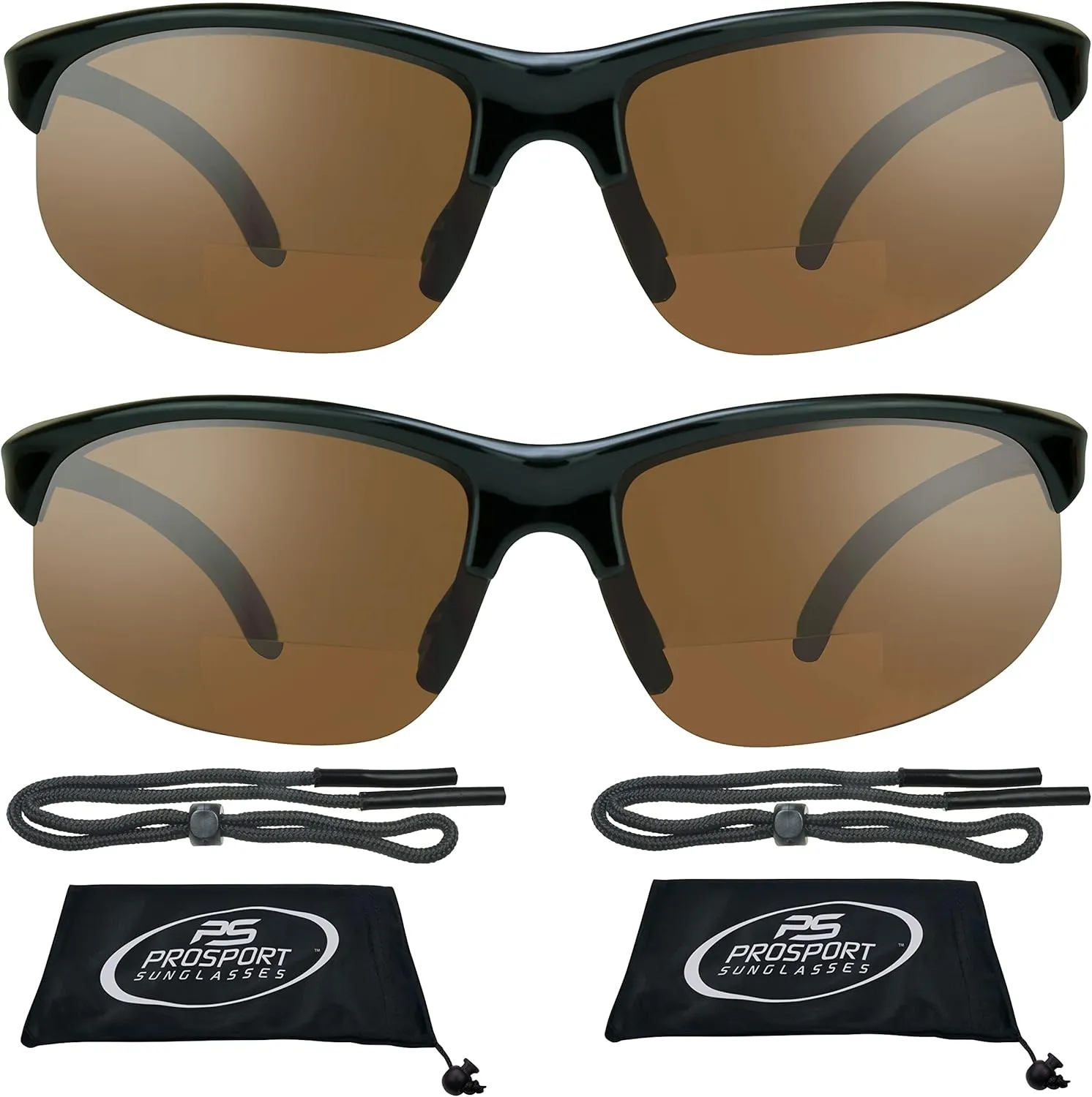 proSPORT Bifocal Reader Sunglass w/Strap Half Rim Sport Night Yellow, High Definition HD, Smoke or Brown Lenses