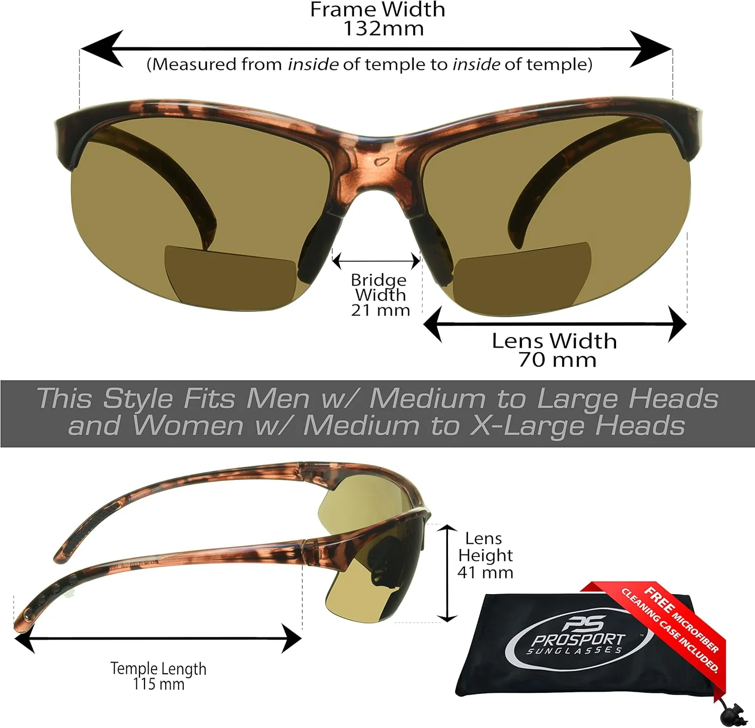 proSPORT Bifocal Reader Sunglass w/Strap Half Rim Sport Night Yellow, High Definition HD, Smoke or Brown Lenses