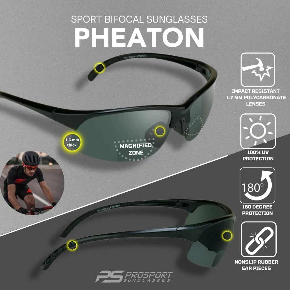 proSPORT Bifocal Reader Sunglass w/Strap Half Rim Sport Night Yellow, High Definition HD, Smoke or Brown Lenses