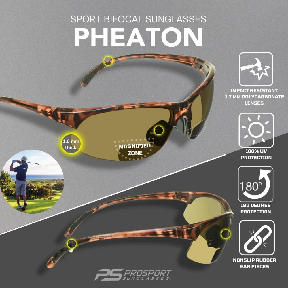 proSPORT Bifocal Reader Sunglass w/Strap Half Rim Sport Night Yellow, High Definition HD, Smoke or Brown Lenses