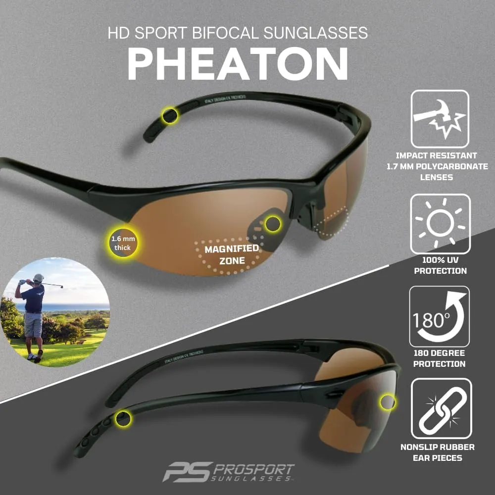 proSPORT Bifocal Reader Sunglass w/Strap Half Rim Sport Night Yellow, High Definition HD, Smoke or Brown Lenses