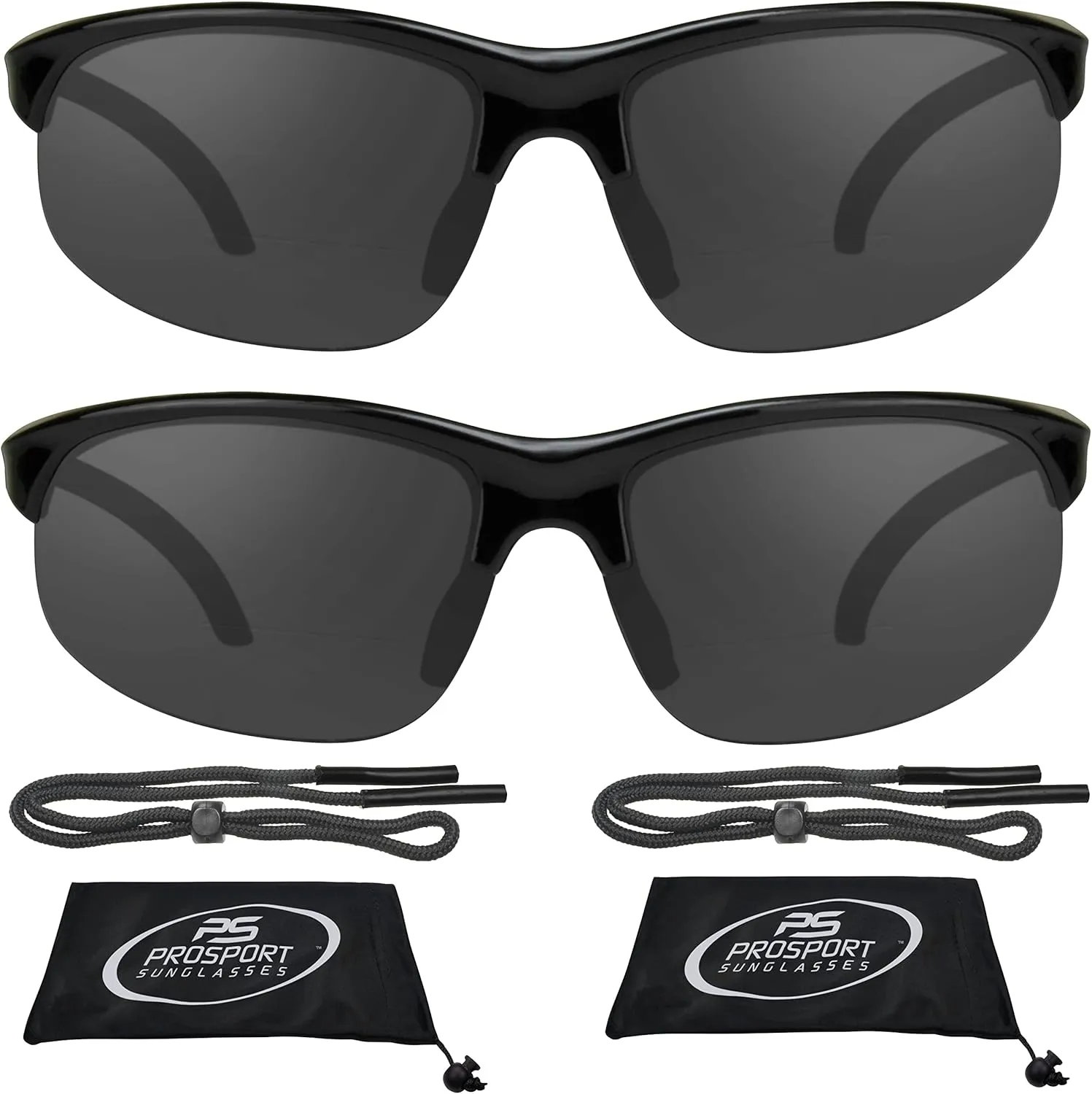 proSPORT Bifocal Reader Sunglass w/Strap Half Rim Sport Night Yellow, High Definition HD, Smoke or Brown Lenses
