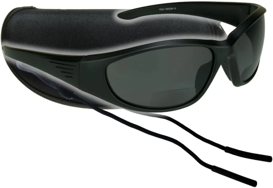 proSPORT Polarized Bifocal Sunglasses Readers Men Women Anti Glare Lenses Full Sport Wrap Frame Fishing Boating Beach Matte Black Smoke  2.00 Zipper Case Sunglass Retainer