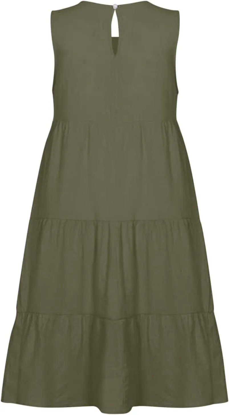 PTOLOCIF Casual Solid Sleeveless Round Neck A Line Pleated Mini Short T Shirt Dress Casual Sleeveless Dresses for