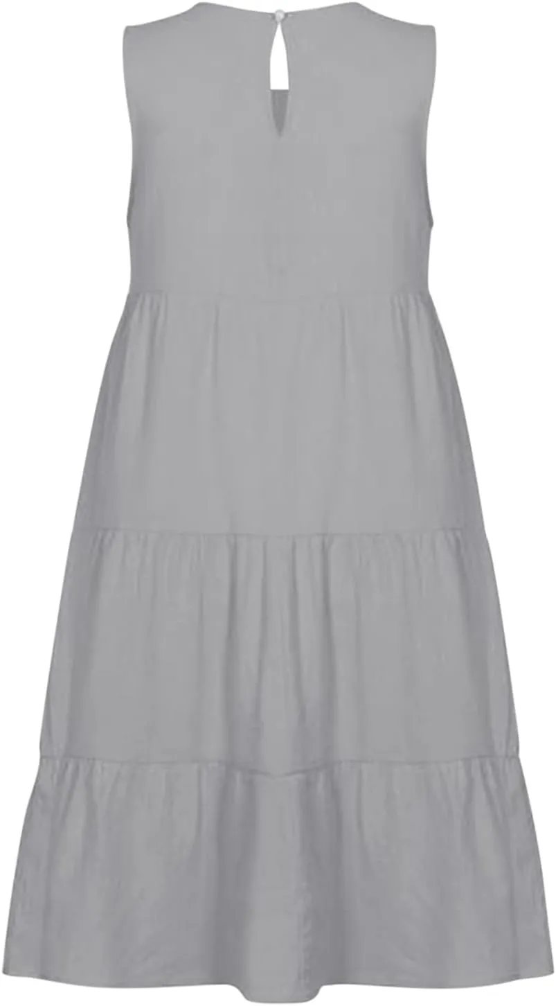 PTOLOCIF Casual Solid Sleeveless Round Neck A Line Pleated Mini Short T Shirt Dress Casual Sleeveless Dresses for