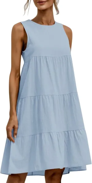 PTOLOCIF Casual Solid Sleeveless Round Neck A Line Pleated Mini Short T Shirt Dress Casual Sleeveless Dresses for