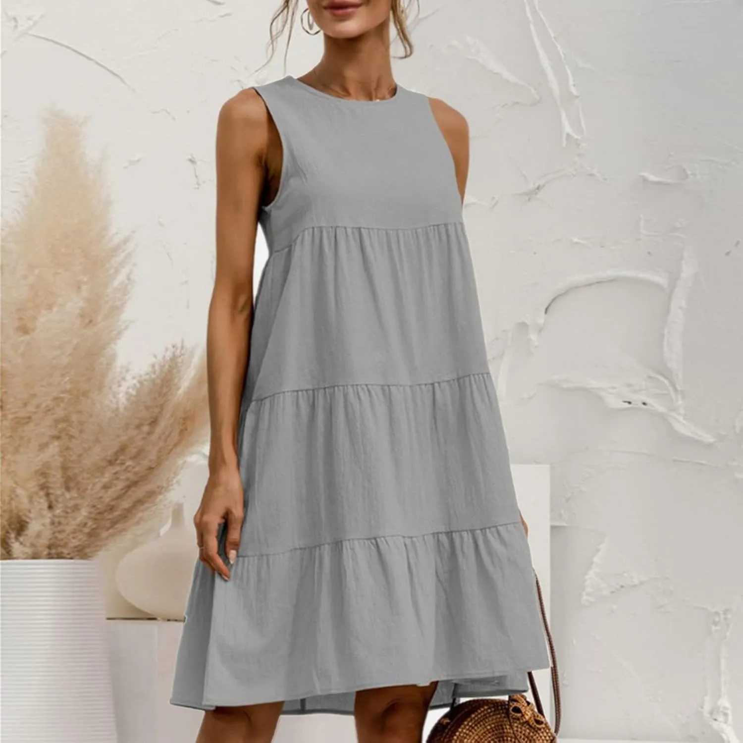 PTOLOCIF Casual Solid Sleeveless Round Neck A Line Pleated Mini Short T Shirt Dress Casual Sleeveless Dresses for
