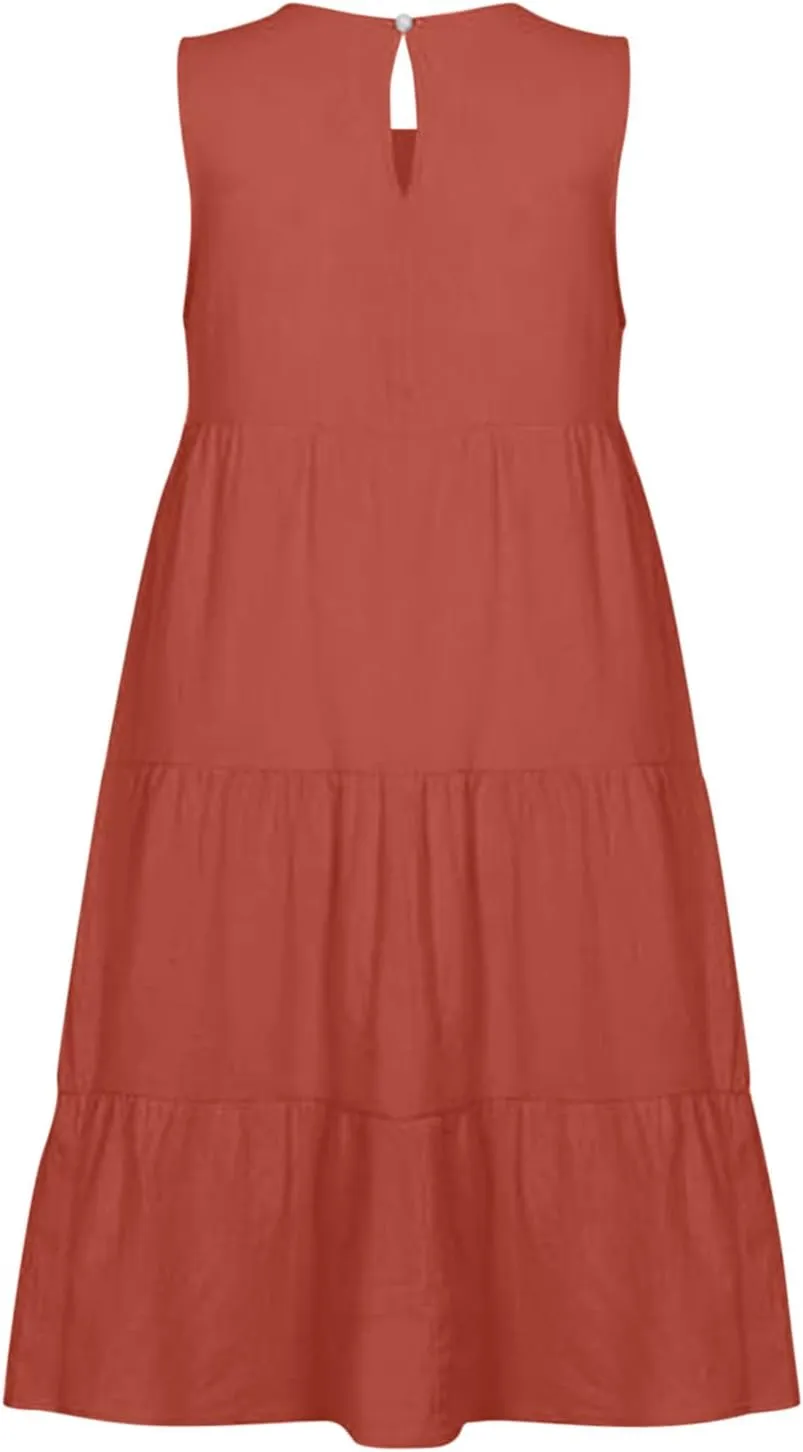 PTOLOCIF Casual Solid Sleeveless Round Neck A Line Pleated Mini Short T Shirt Dress Casual Sleeveless Dresses for