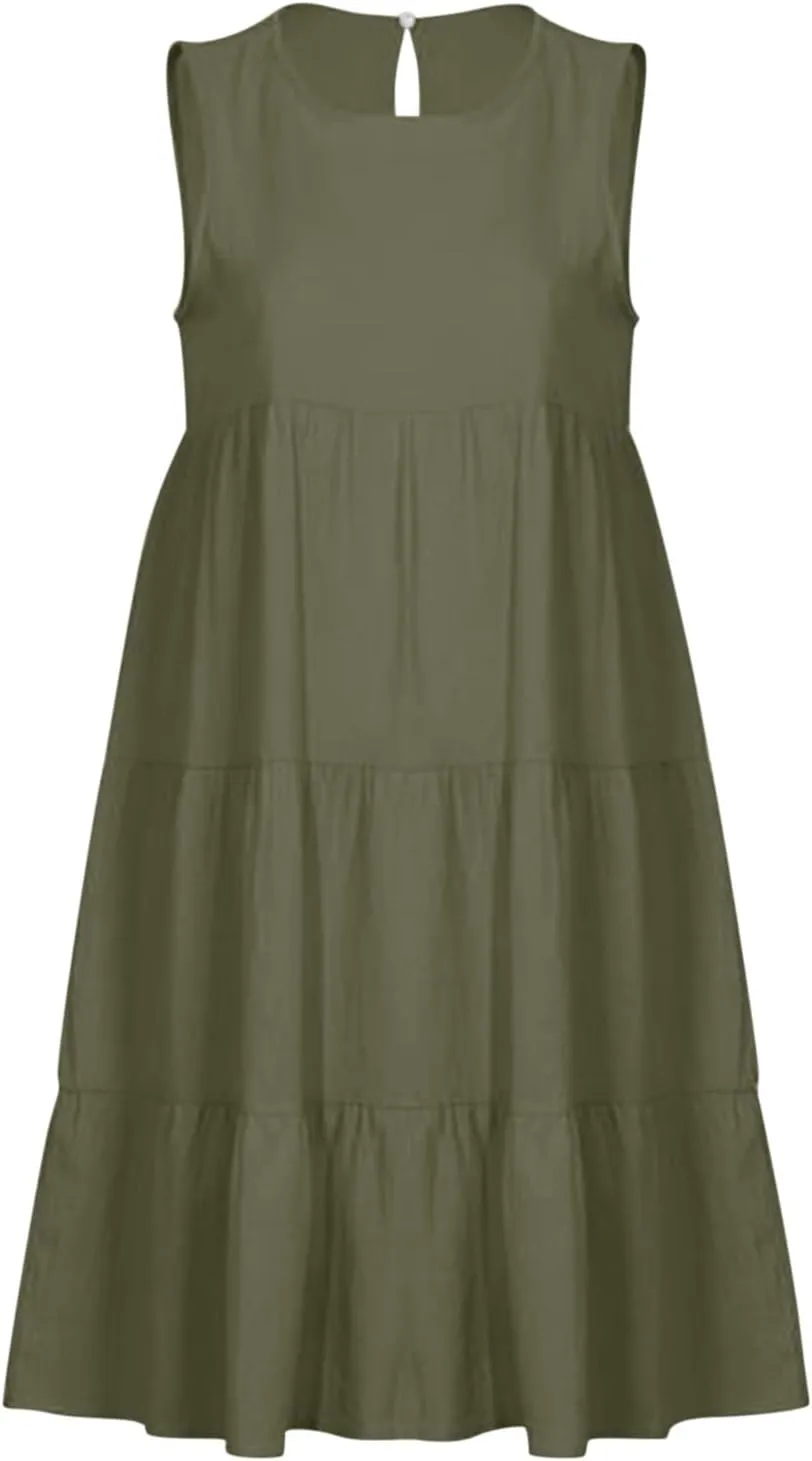 PTOLOCIF Casual Solid Sleeveless Round Neck A Line Pleated Mini Short T Shirt Dress Casual Sleeveless Dresses for