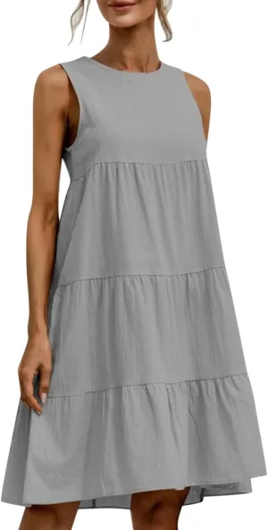 PTOLOCIF Casual Solid Sleeveless Round Neck A Line Pleated Mini Short T Shirt Dress Casual Sleeveless Dresses for