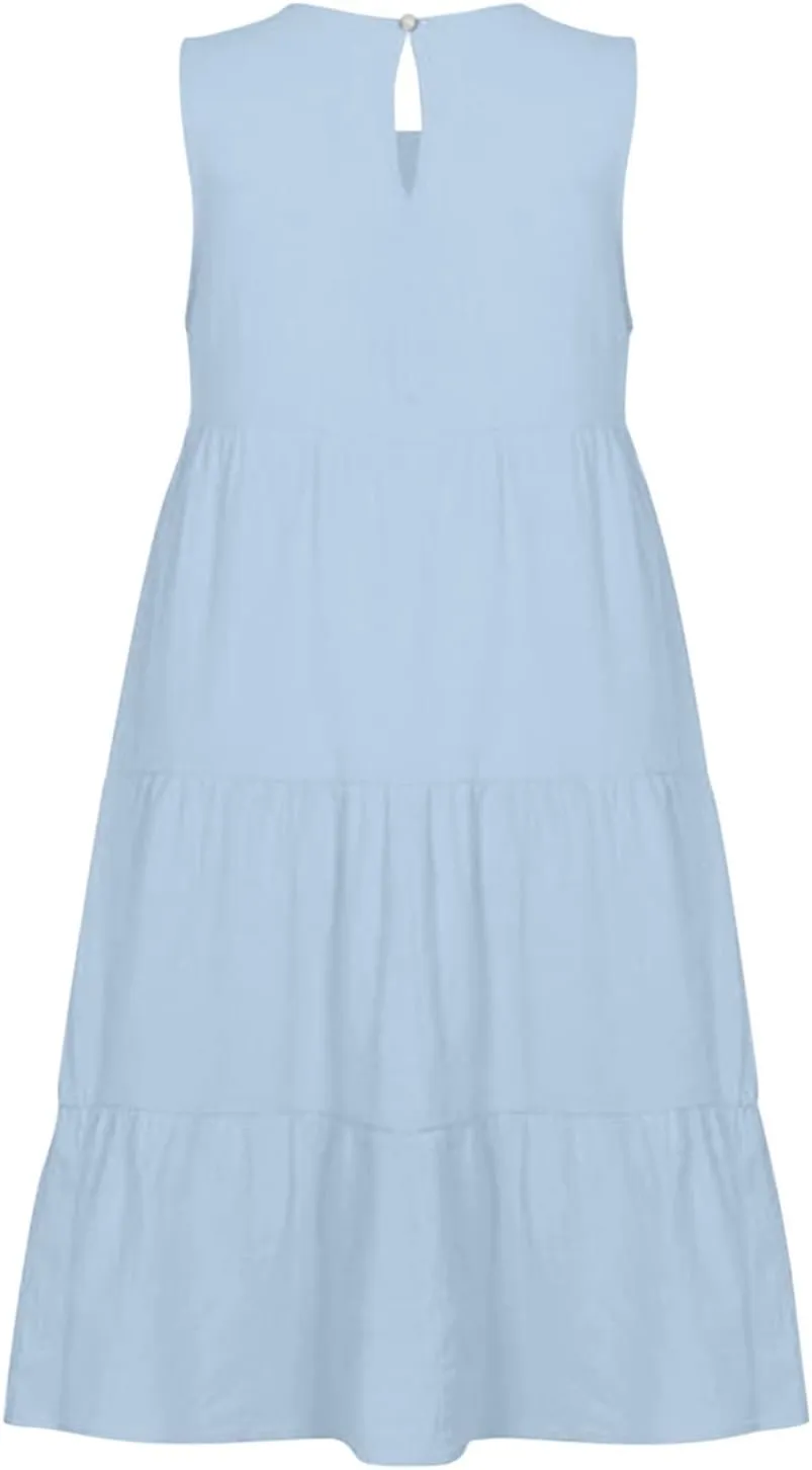 PTOLOCIF Casual Solid Sleeveless Round Neck A Line Pleated Mini Short T Shirt Dress Casual Sleeveless Dresses for