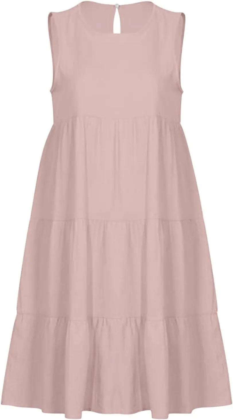PTOLOCIF Casual Solid Sleeveless Round Neck A Line Pleated Mini Short T Shirt Dress Casual Sleeveless Dresses for