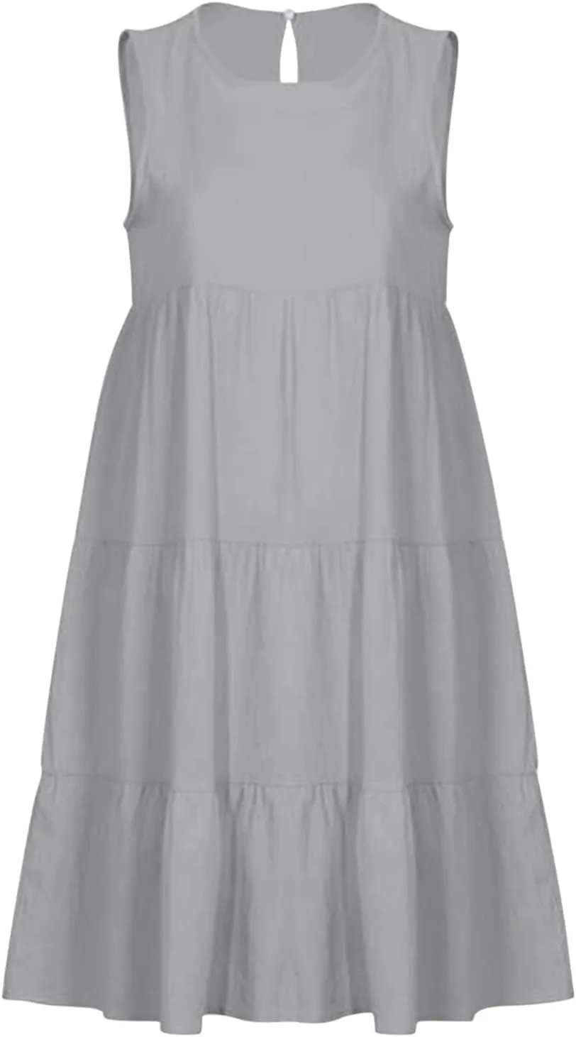 PTOLOCIF Casual Solid Sleeveless Round Neck A Line Pleated Mini Short T Shirt Dress Casual Sleeveless Dresses for
