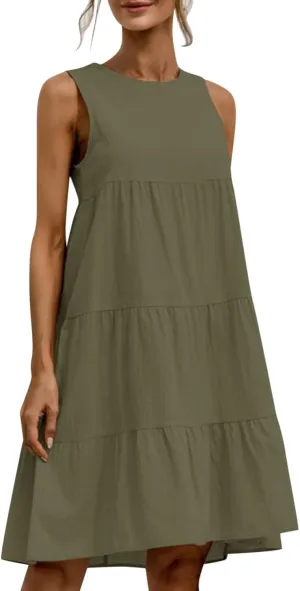 PTOLOCIF Casual Solid Sleeveless Round Neck A Line Pleated Mini Short T Shirt Dress Casual Sleeveless Dresses for
