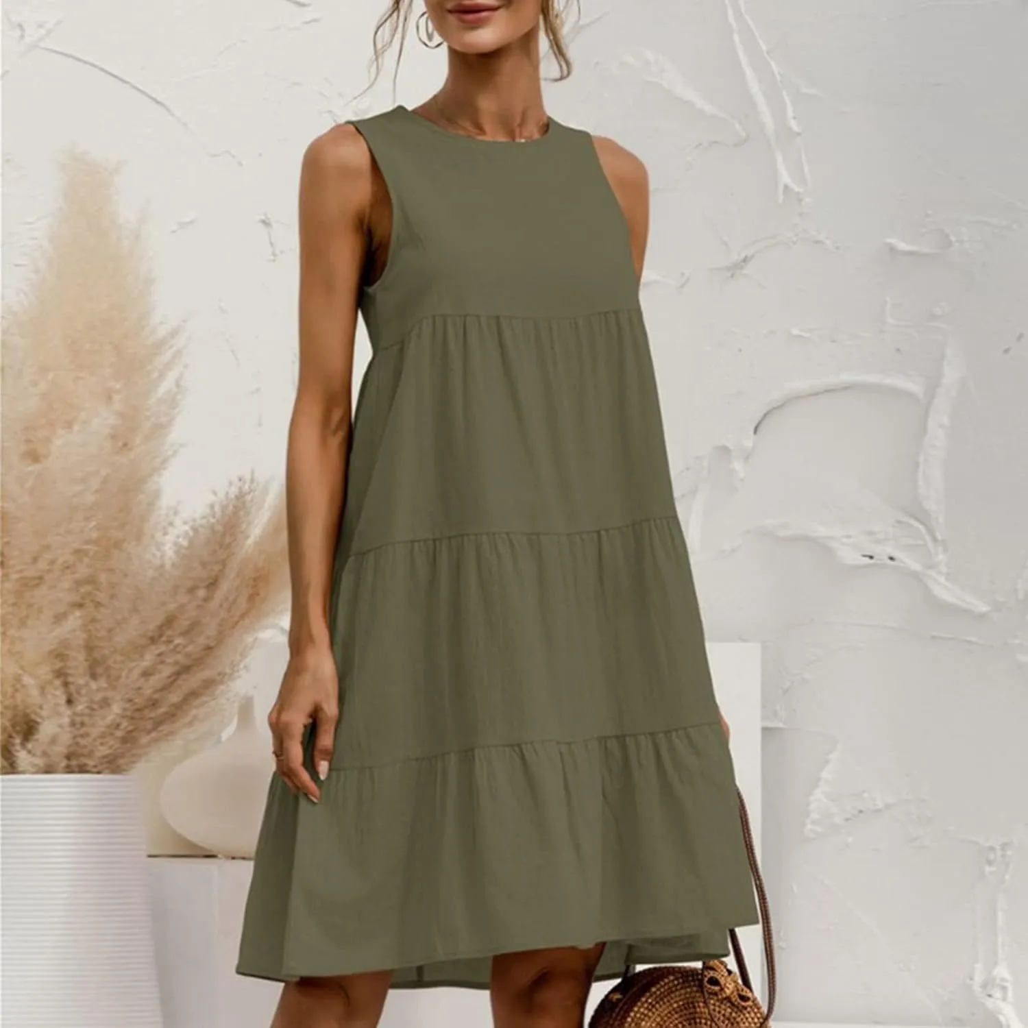 PTOLOCIF Casual Solid Sleeveless Round Neck A Line Pleated Mini Short T Shirt Dress Casual Sleeveless Dresses for