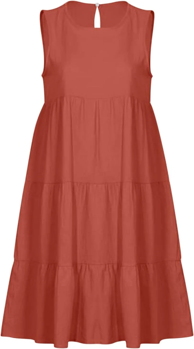 PTOLOCIF Casual Solid Sleeveless Round Neck A Line Pleated Mini Short T Shirt Dress Casual Sleeveless Dresses for