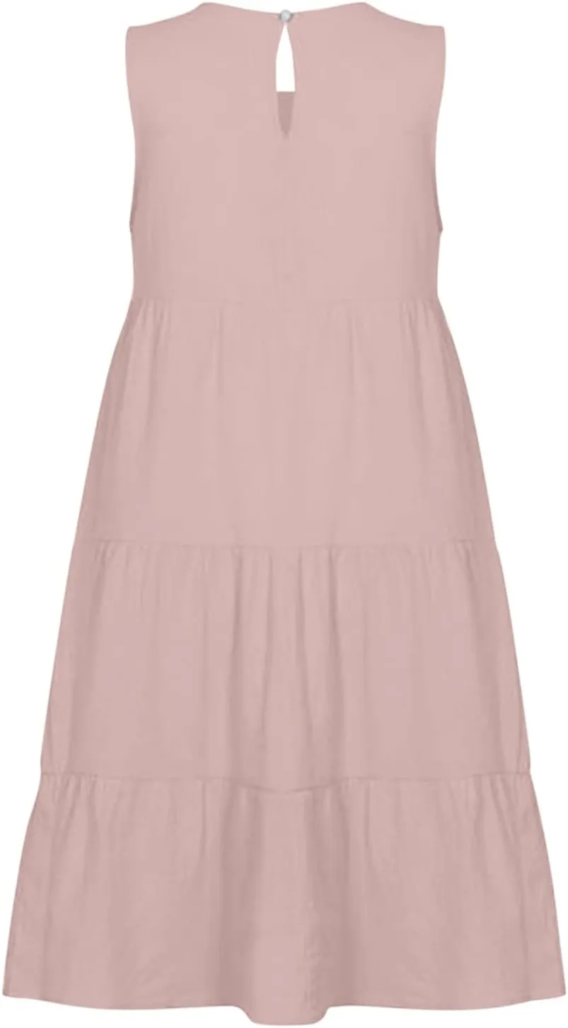 PTOLOCIF Casual Solid Sleeveless Round Neck A Line Pleated Mini Short T Shirt Dress Casual Sleeveless Dresses for