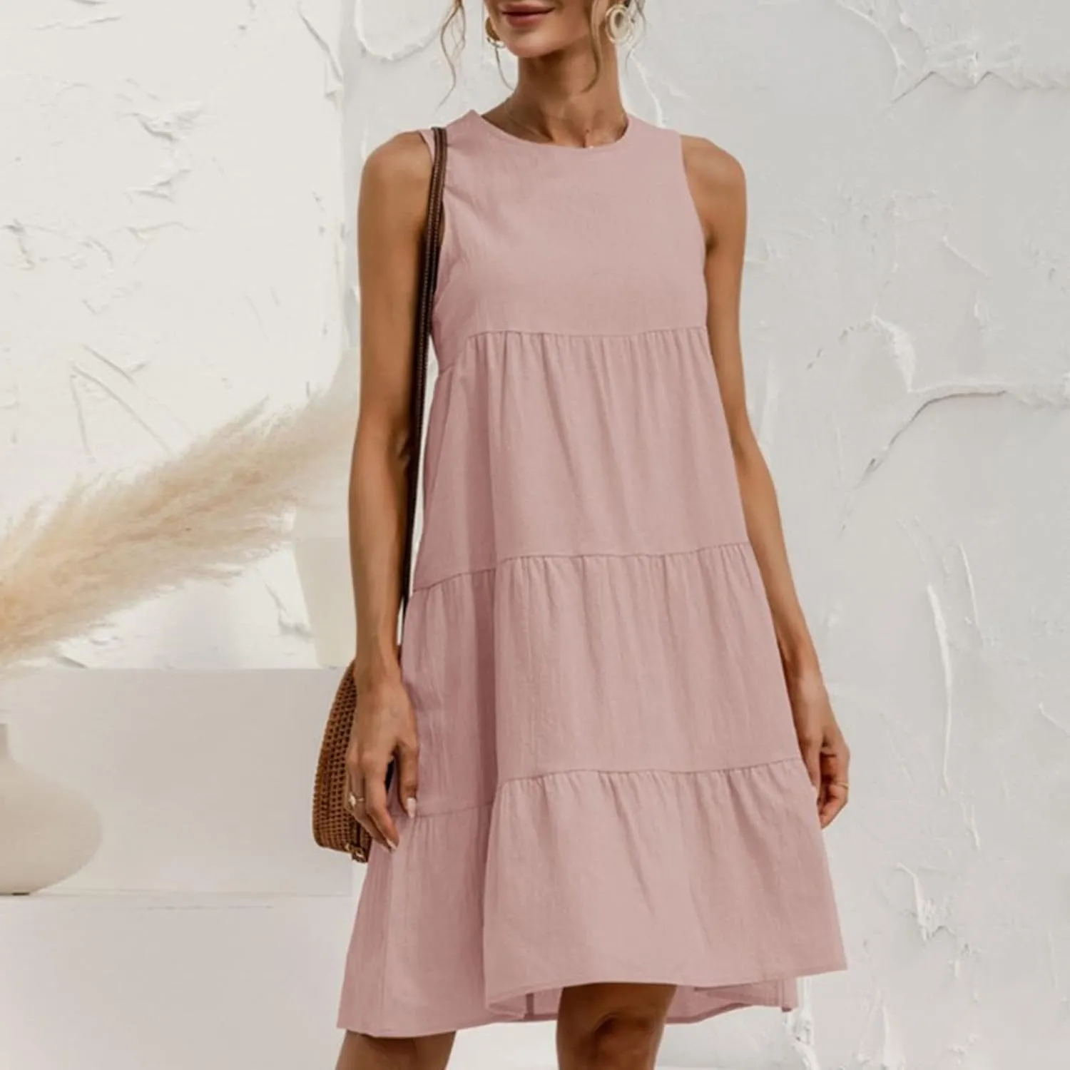 PTOLOCIF Casual Solid Sleeveless Round Neck A Line Pleated Mini Short T Shirt Dress Casual Sleeveless Dresses for