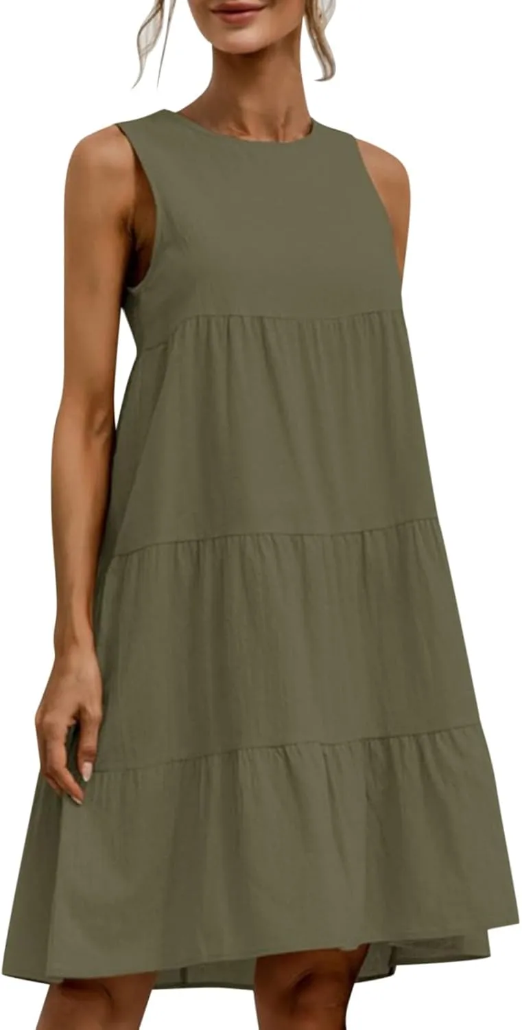 PTOLOCIF Casual Solid Sleeveless Round Neck A Line Pleated Mini Short T Shirt Dress Casual Sleeveless Dresses for