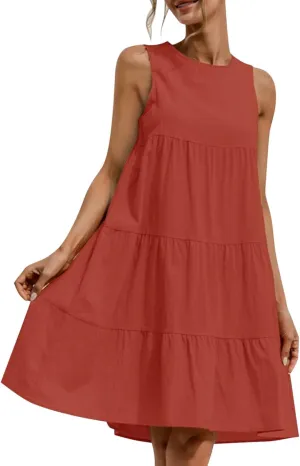 PTOLOCIF Casual Solid Sleeveless Round Neck A Line Pleated Mini Short T Shirt Dress Casual Sleeveless Dresses for