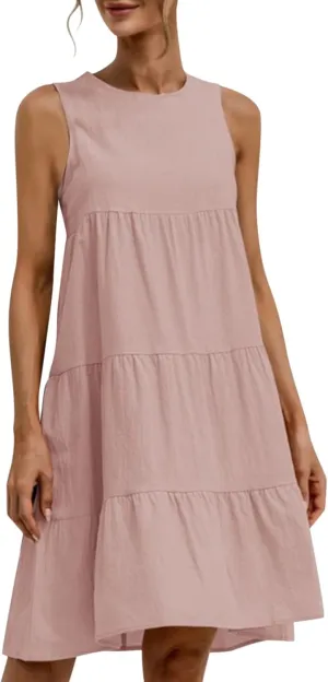 PTOLOCIF Casual Solid Sleeveless Round Neck A Line Pleated Mini Short T Shirt Dress Casual Sleeveless Dresses for