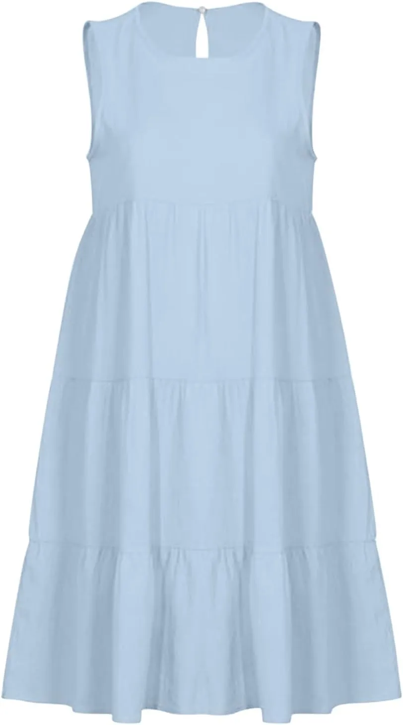 PTOLOCIF Casual Solid Sleeveless Round Neck A Line Pleated Mini Short T Shirt Dress Casual Sleeveless Dresses for