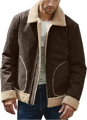 QWENTMTNTY Men's Sherpa Lined Faux Leather Jacket Vintage Heavyweight Shearing Winter Coats Plus Size Thicken Bomber Jacket