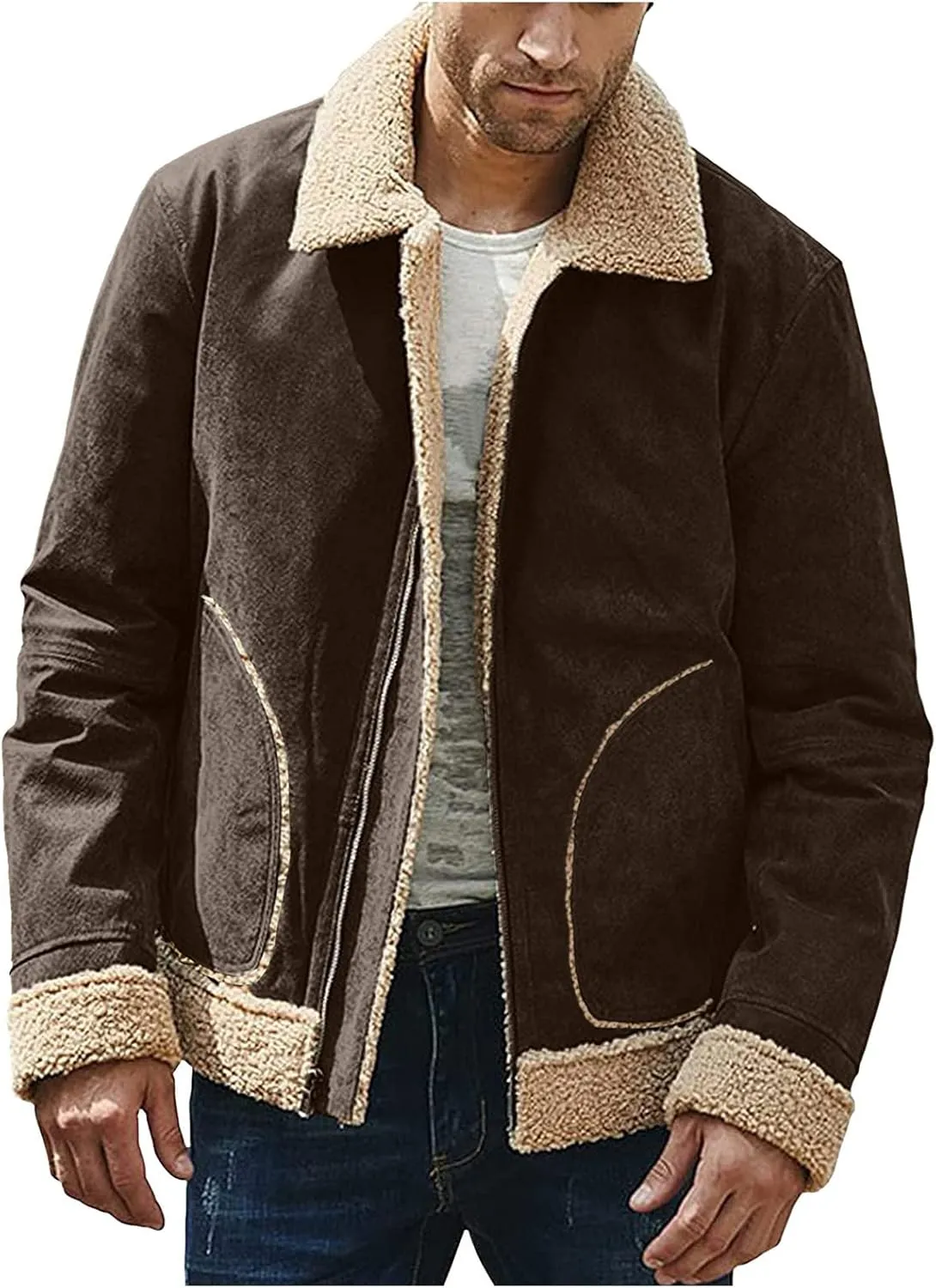 QWENTMTNTY Men's Sherpa Lined Faux Leather Jacket Vintage Heavyweight Shearing Winter Coats Plus Size Thicken Bomber Jacket