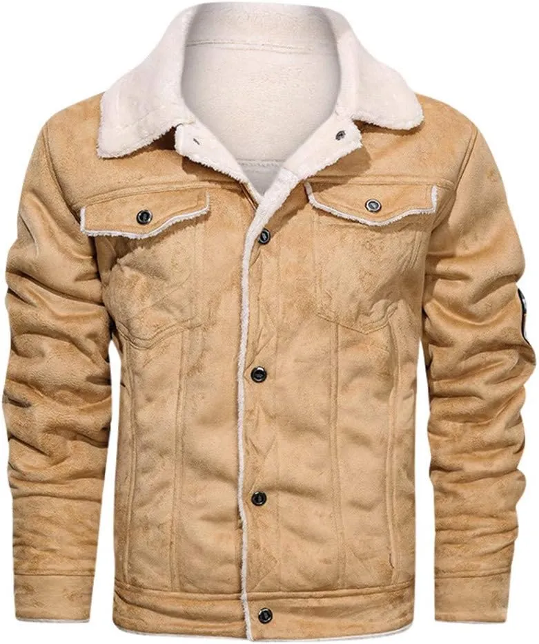 QWENTMTNTY suede jacket men sherpa lined winter slim fit bomber jackets faux fur leather thicken warm trucker coat outerwear