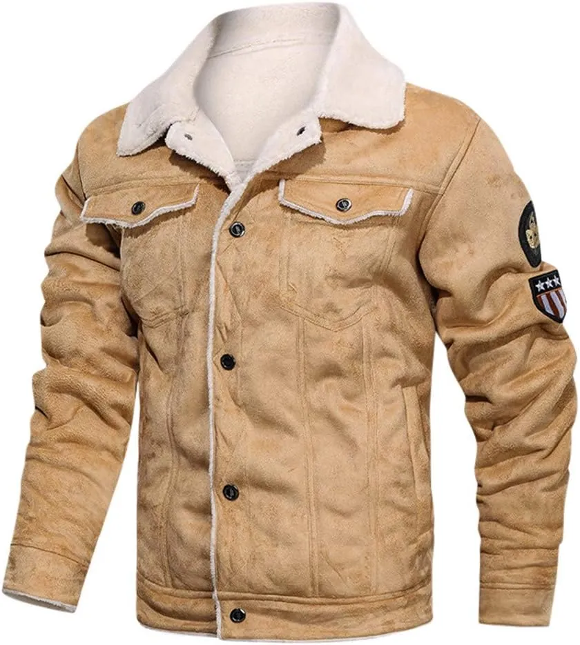 QWENTMTNTY suede jacket men sherpa lined winter slim fit bomber jackets faux fur leather thicken warm trucker coat outerwear