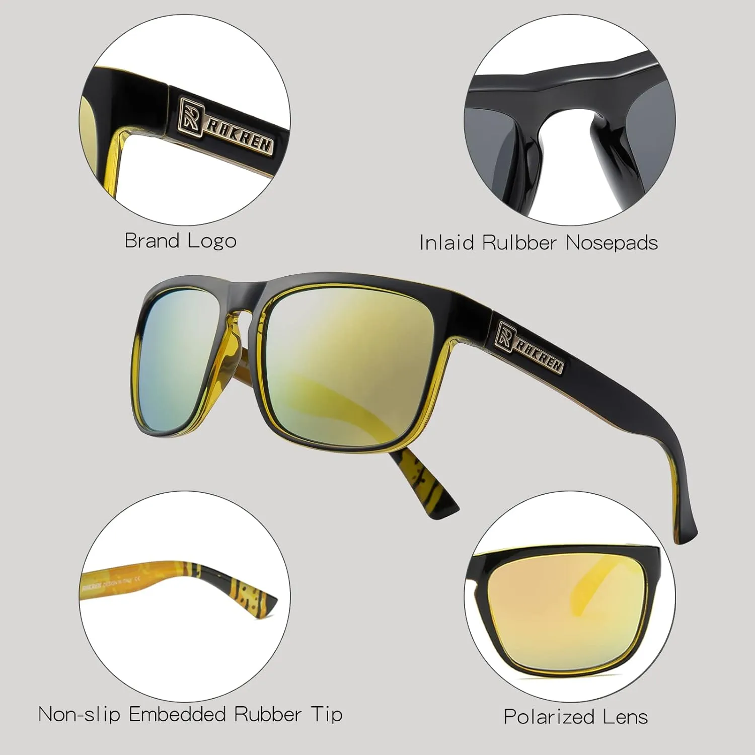 RAKREN Retro Polarized Sunglasses Men Women,Square Sunglasses for Men Driving Sport Shades UV400 Protection