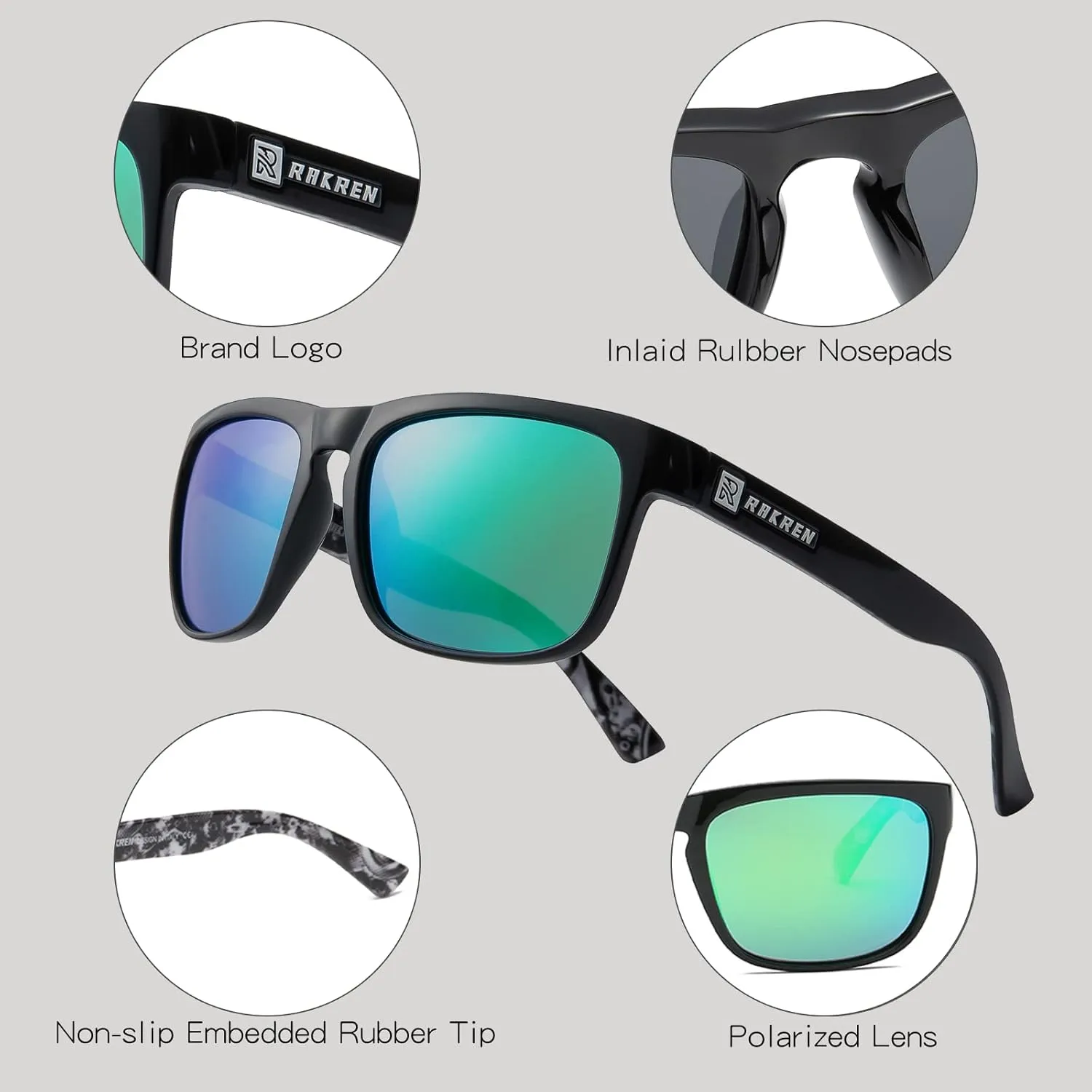 RAKREN Retro Polarized Sunglasses Men Women,Square Sunglasses for Men Driving Sport Shades UV400 Protection