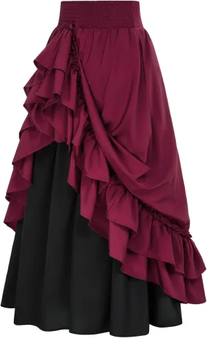 Renaissance Ruffle Skirts for Women Double Layered High Waisted Midi Skirts Elastic Tiered Goth Maxi Skirt