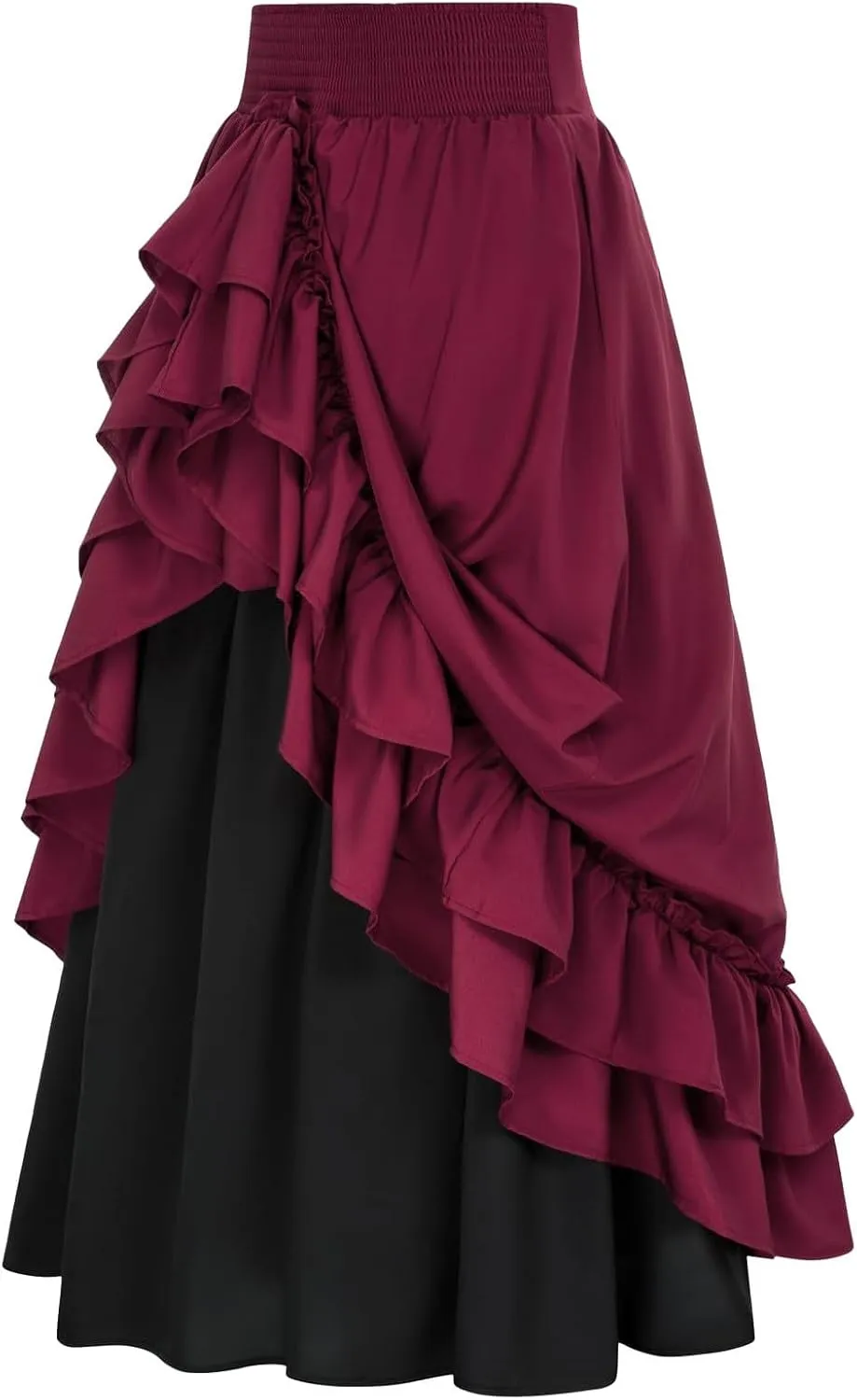 Renaissance Ruffle Skirts for Women Double Layered High Waisted Midi Skirts Elastic Tiered Goth Maxi Skirt