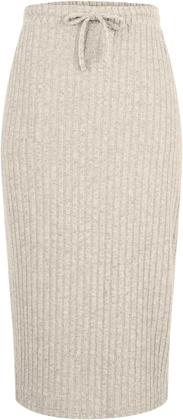 Ribbed Knit Pencil Skirt for Women Solid Color Elastic High Waist Drawstring Skirts Casual Office Work Bodycon Skirt