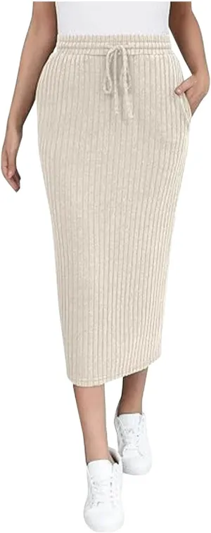 Ribbed Knit Pencil Skirt for Women Solid Color Elastic High Waist Drawstring Skirts Casual Office Work Bodycon Skirt