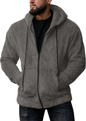 RTRDE Mens Casual Jacket Lightweight Sherpa Jackets Full Zip Warm Fuzzy Windproof Winter Coats Hooded Work Coats, M-3XL