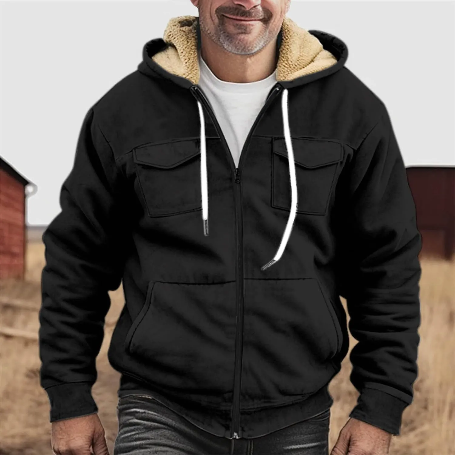 RTRDE Mens Fuzzy Jacket Casual Solid Color Sherpa Fleece Lined Hoodie Jackets Winter Warm Work Coats Jacket, S-5XL
