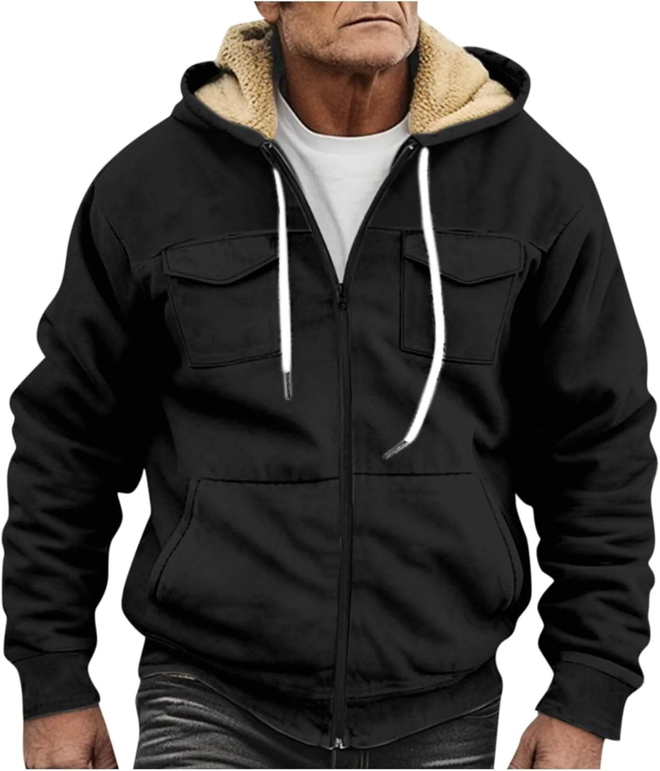RTRDE Mens Fuzzy Jacket Casual Solid Color Sherpa Fleece Lined Hoodie Jackets Winter Warm Work Coats Jacket, S-5XL