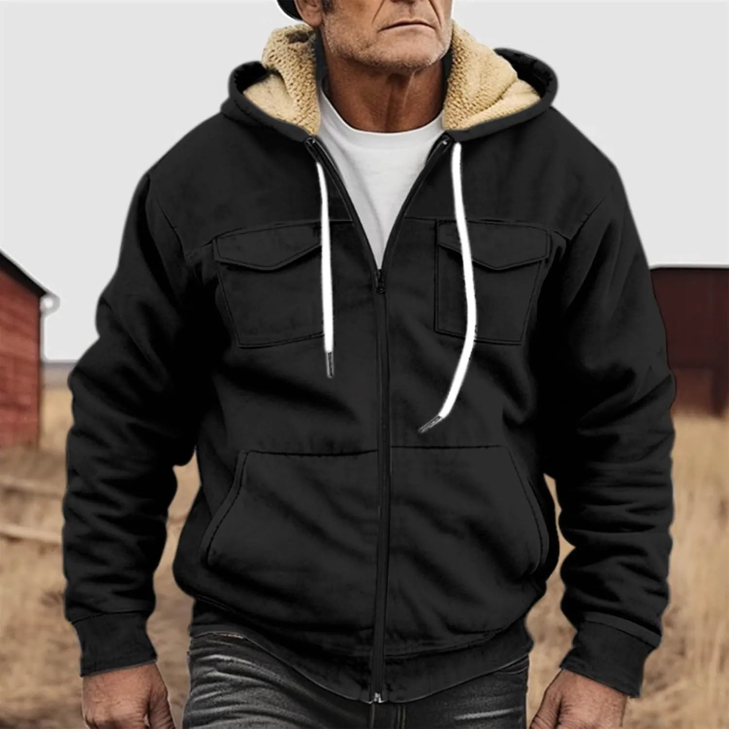 RTRDE Mens Fuzzy Jacket Casual Solid Color Sherpa Fleece Lined Hoodie Jackets Winter Warm Work Coats Jacket, S-5XL
