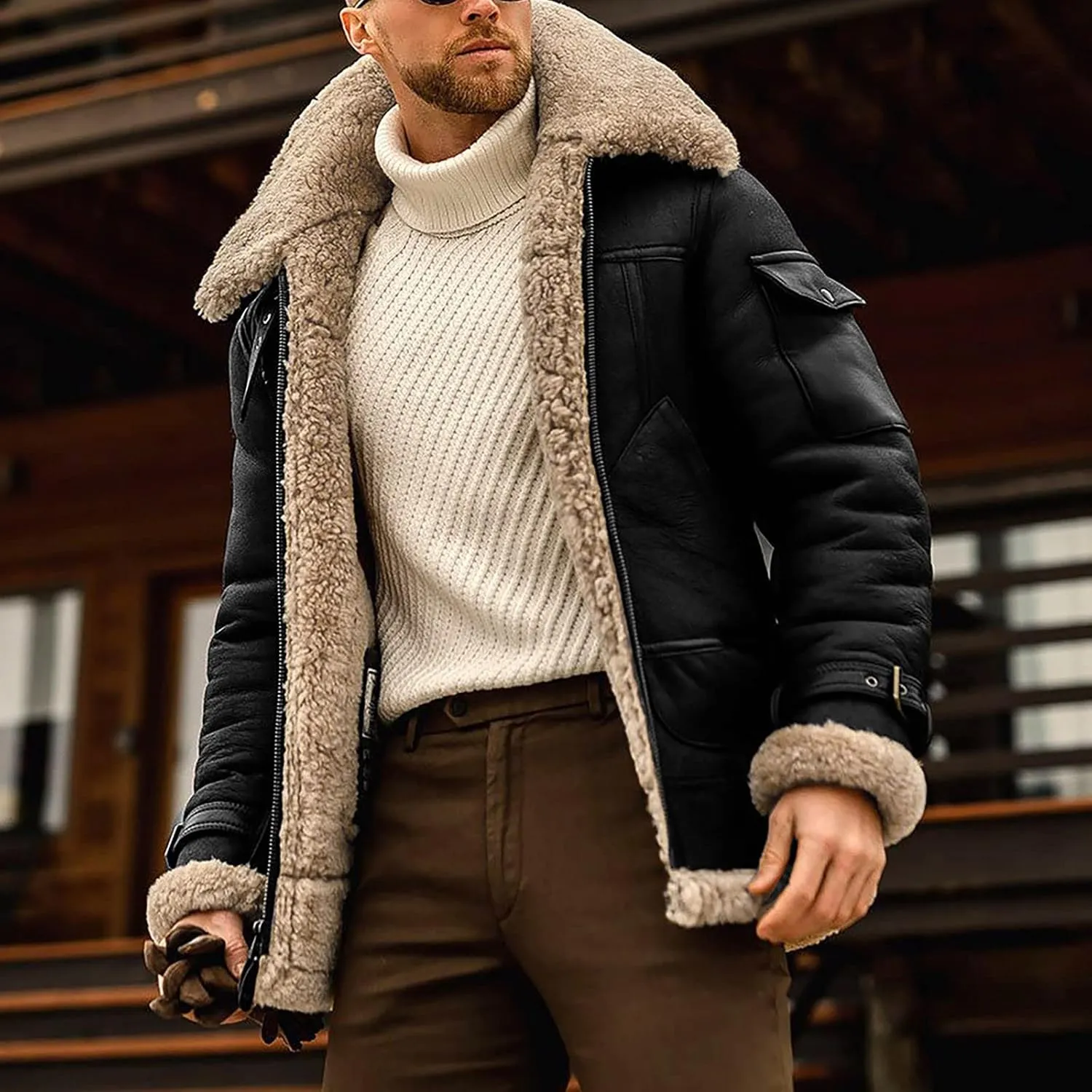RTRDE Men's Jackets Fashion Faux Leather Sherpa Lined Bomber Jacket Winter Warm Turn-Down Collar Coats Jacket, M-5XL
