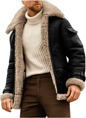 RTRDE Men's Jackets Fashion Faux Leather Sherpa Lined Bomber Jacket Winter Warm Turn-Down Collar Coats Jacket, M-5XL
