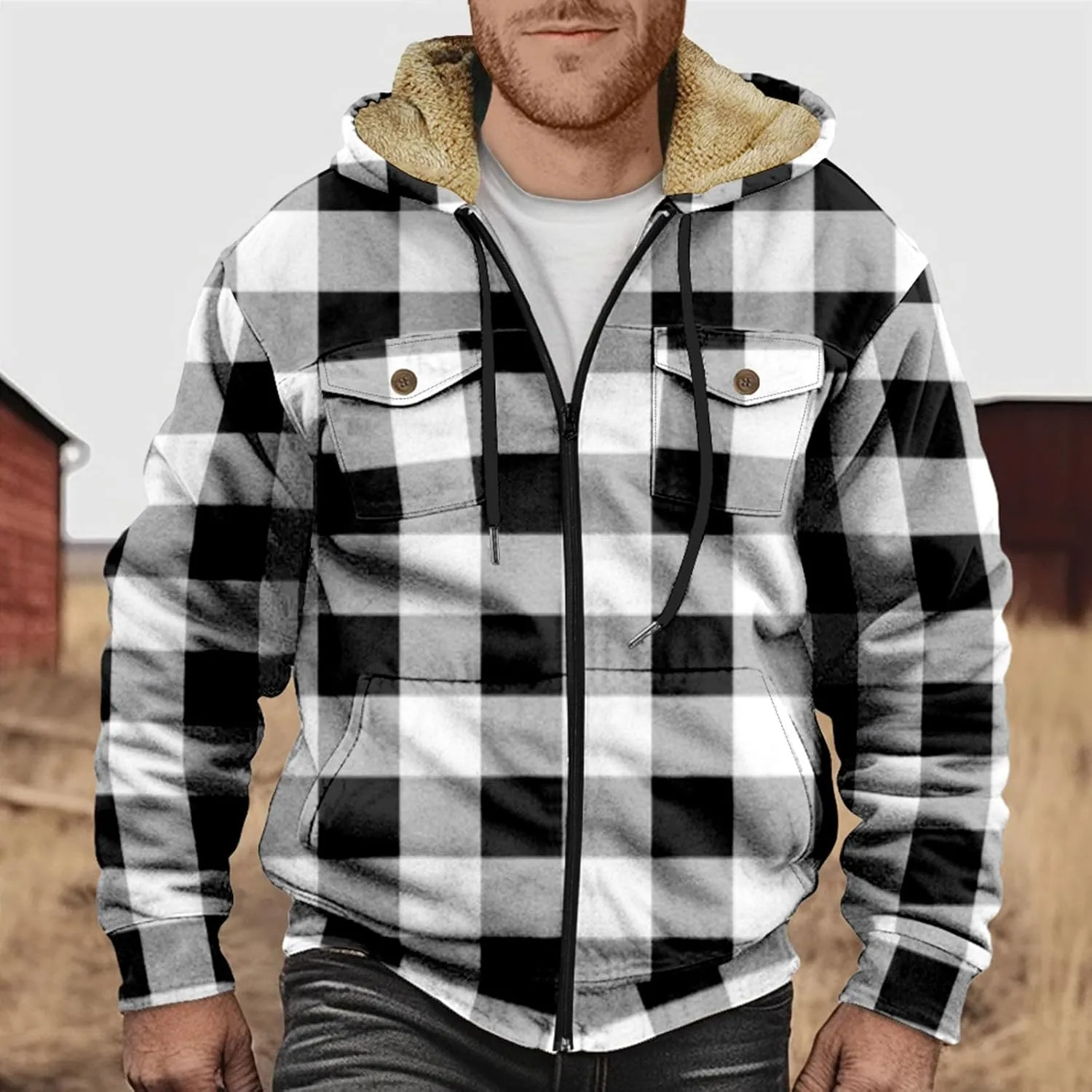 RTRDE Mens Work Coats and Jacket Plaid Fleece Sherpa Lined Heavyweight Thick Zip Up Hoodie Coats Outwear Coat, M-6XL