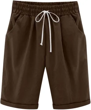 Rvidbe Bermuda Shorts for Women Knee Length High Waisted Casual Trendy Loose Cotton Linen Elastic Waist Shorts with Pockets Women Bermuda Shorts Knee Length Denim Shorts for Women Trendy