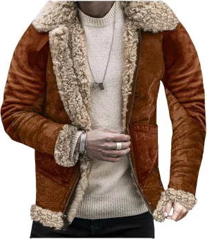 Shearling Coat Men Faux Leather Sherpa Fleece Lined Jackets Heavyweight Suede Faux Fur Trench Coat Warm Winter Overcoat