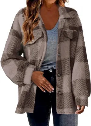 Sherpa Jackets For Women Stand Collar Loose Teddy Coats Plaid Button Down Fleece Sherpa Lined Winter Jackets