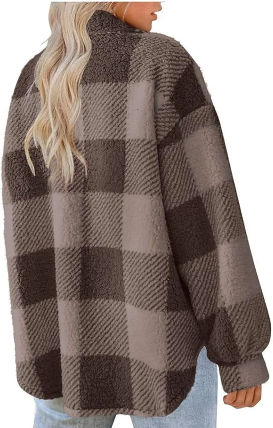 Sherpa Jackets For Women Stand Collar Loose Teddy Coats Plaid Button Down Fleece Sherpa Lined Winter Jackets