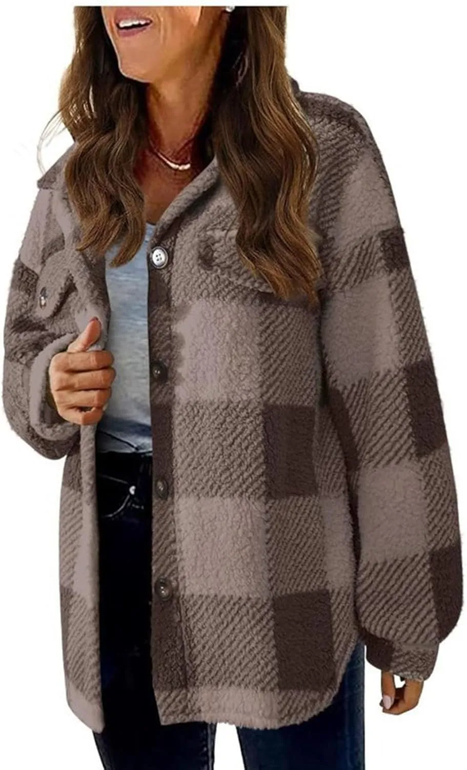 Sherpa Jackets For Women Stand Collar Loose Teddy Coats Plaid Button Down Fleece Sherpa Lined Winter Jackets