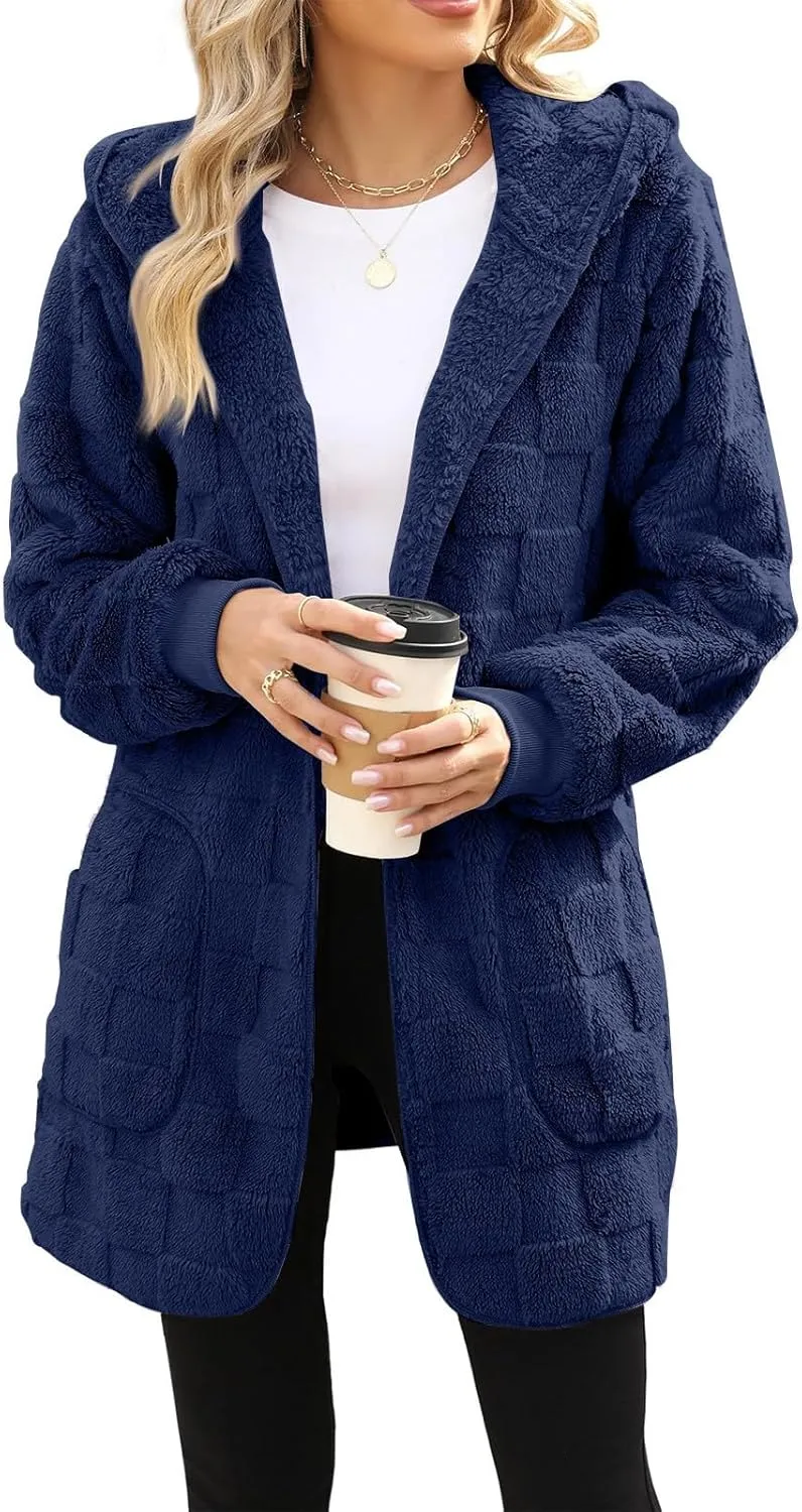 Sherpa Lined Hoodie Womens Sherpa Jacket Fuzzy Hoodie Solid Color Warm Oversized Fleece Jackets Fluffy Coat with Pockets