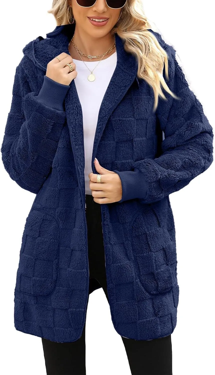 Sherpa Lined Hoodie Womens Sherpa Jacket Fuzzy Hoodie Solid Color Warm Oversized Fleece Jackets Fluffy Coat with Pockets